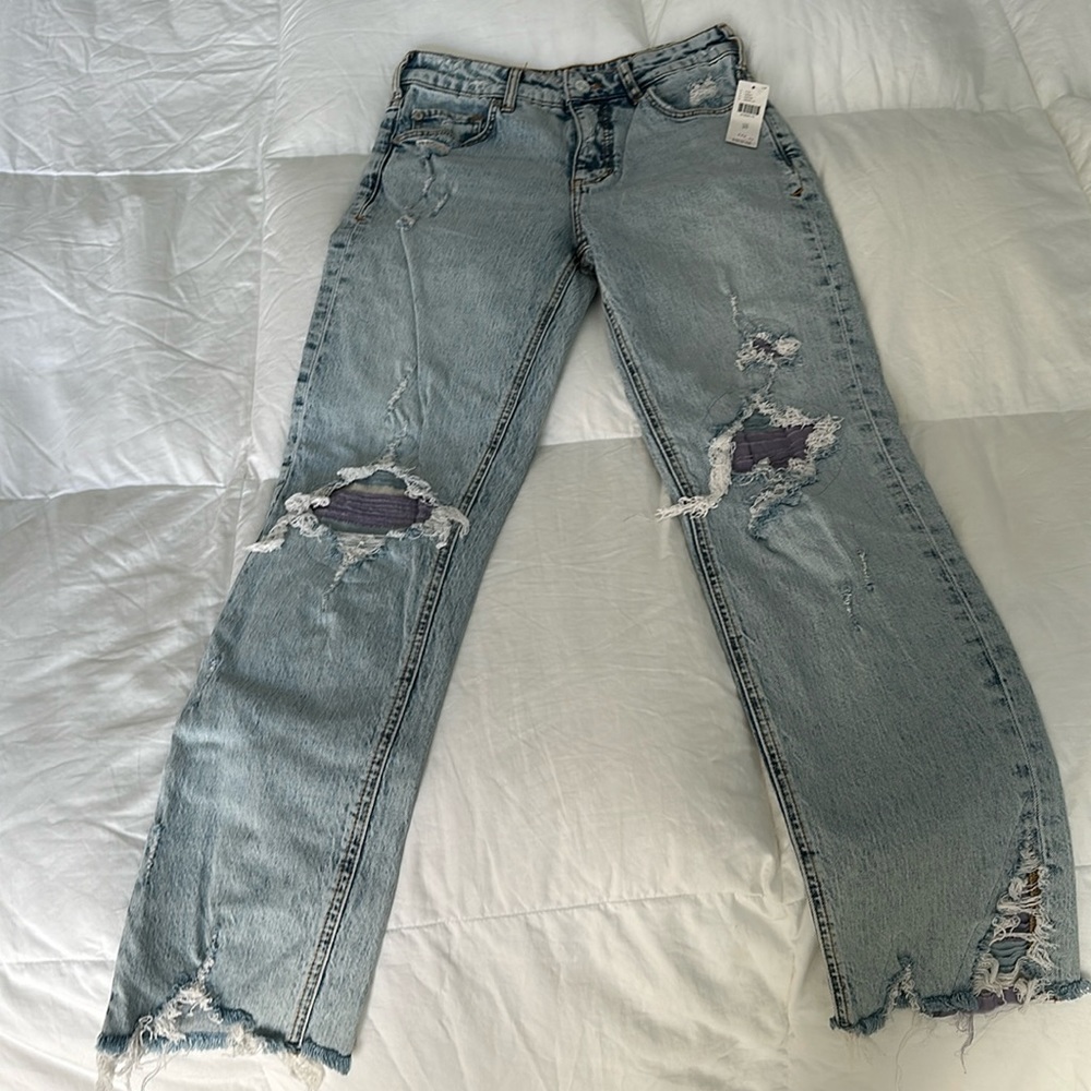 Pilcro Straight Leg Distressed Jeans in Light Blue with Purple Patch